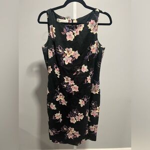 Jones New York 100% Linen Black Floral Boat Neck Sheath Dress Size Medium (8-10)